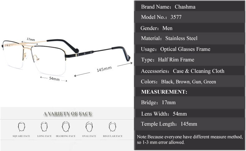 Chashma Men's Semi Rim Rectangle Spring Hinge Stainless Steel Frame Eyeglasses 3577 Semi Rim Chashma   