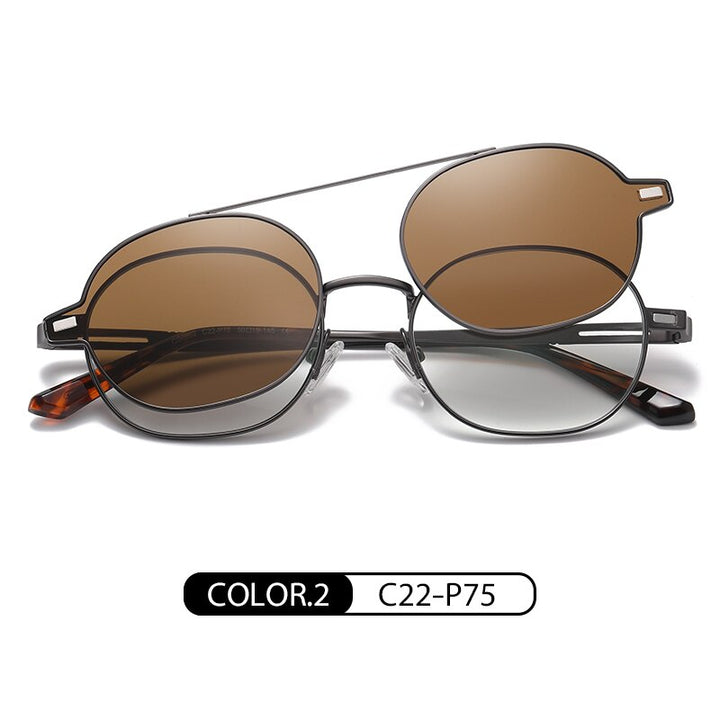 Zirosat Unisex Full Rim Round Alloy Eyeglasses Clip On Sunglasses CG8802 With Clip Ons Zirosat brown