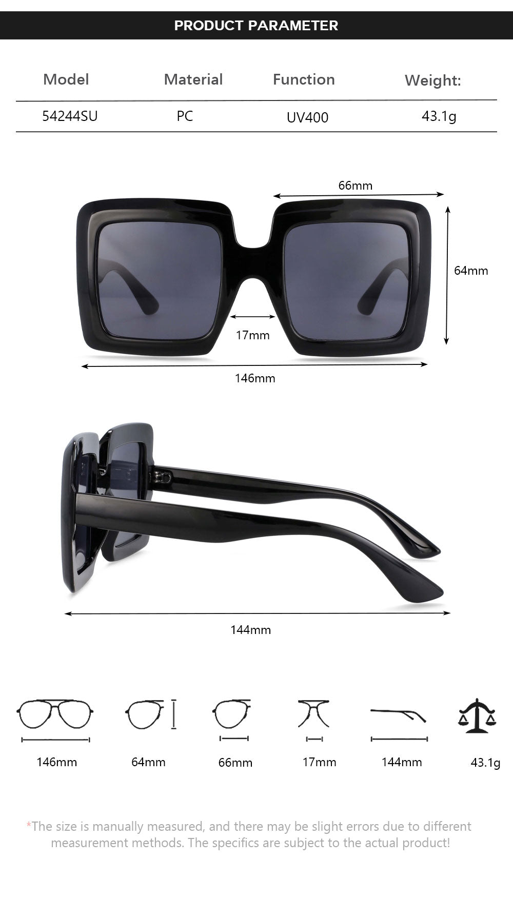 CCspace Women's Full Rim Oversized Square Resin Frame Sunglasses 54244 Sunglasses CCspace Sunglasses