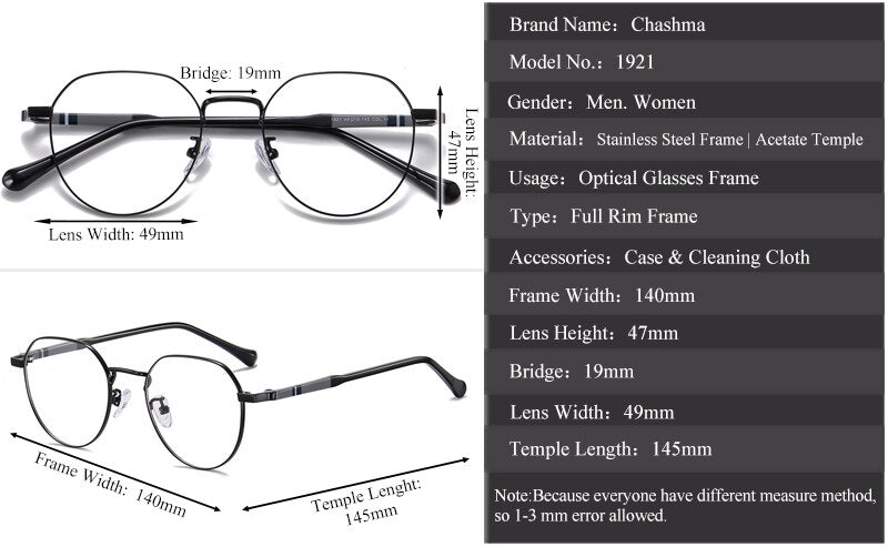 Chashma Unisex Full Rim Round Stainless Steel Frame Eyeglasses 1921 Full Rim Chashma