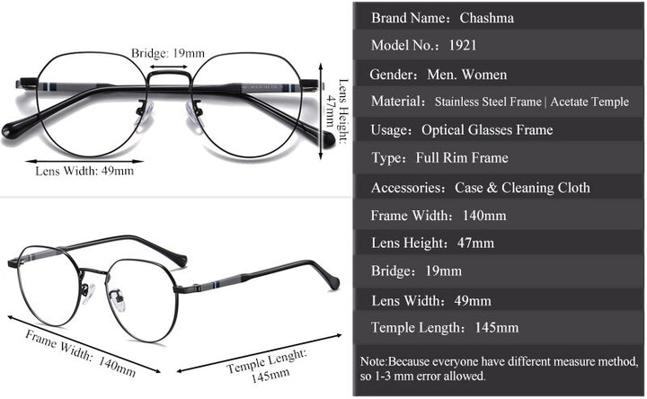 Chashma Unisex Full Rim Round Stainless Steel Frame Eyeglasses 1921 Full Rim Chashma