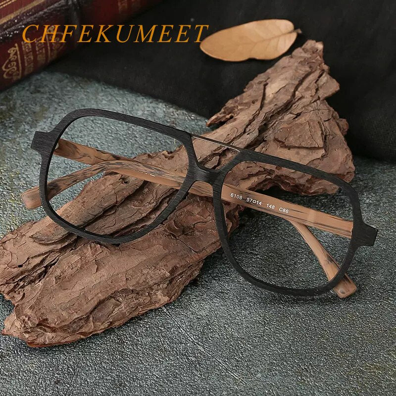 Hdcrafter Men's Full Rim Oversized Square Double Bridge Wood Alloy Eyeglasses Full Rim Hdcrafter Eyeglasses