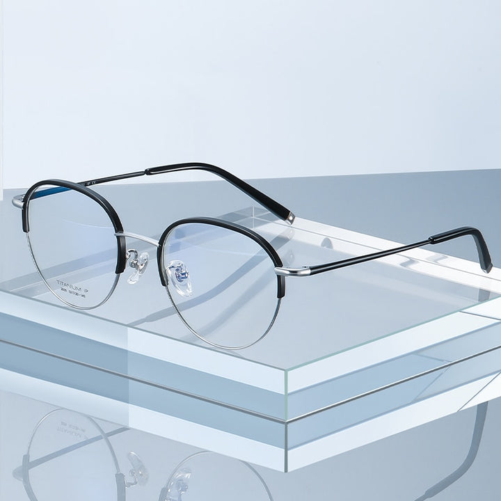 Reven Jate Unisex Full Rim Round Acetate Titanium Frame Eyeglasses YJ2039 Full Rim Reven Jate