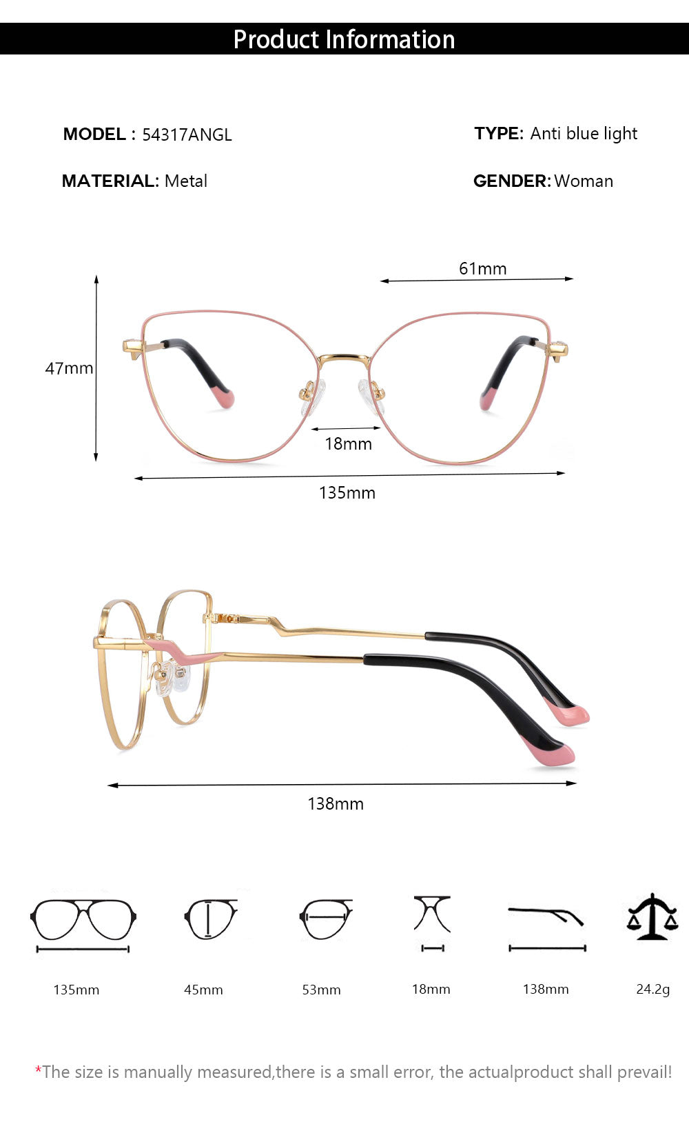 CCspace Women's Full Rim Cat Eye Alloy Frame Eyeglasses 54317 Full Rim CCspace