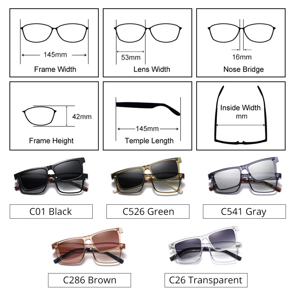 Ralferty Men's Full Rim Rectangle Tr 90 Acetate Eyeglasses With Clip On Polarized Sunglasses D7703 With Clip Ons Ralferty
