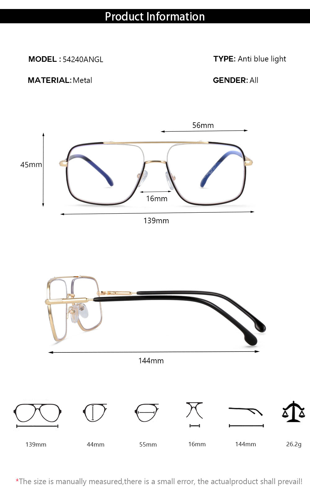 CCspace Unisex Full Rim Square Alloy Double Bridge Frame Eyeglasses 54240 Full Rim CCspace