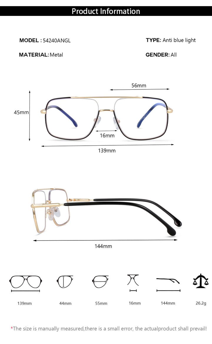 CCspace Unisex Full Rim Square Alloy Double Bridge Frame Eyeglasses 54240 Full Rim CCspace