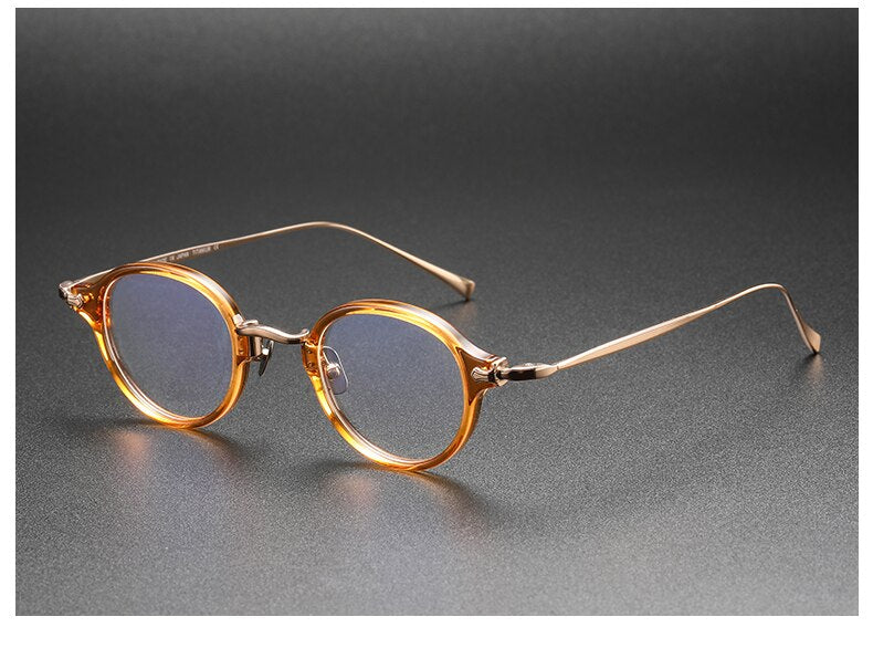 Muzz Men's Full Rim Small Round Acetate Titanium Eyeglasses 180 Full Rim Muzz Brown Gold