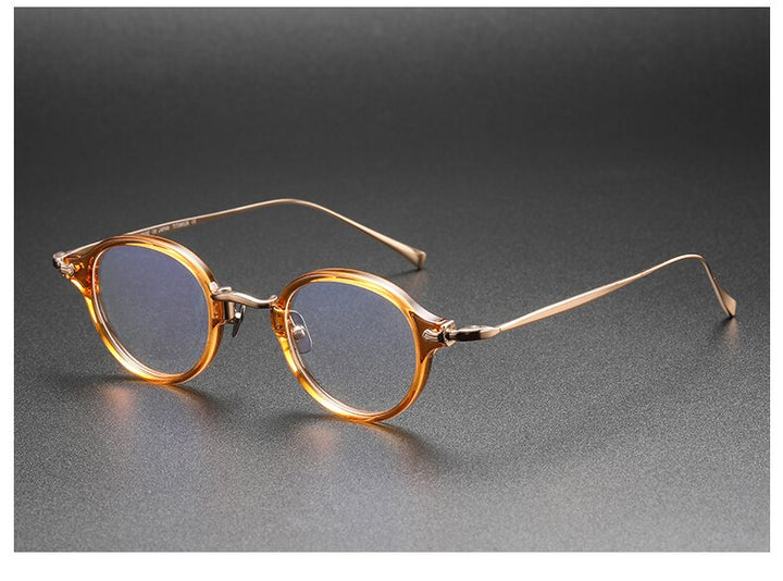 Muzz Men's Full Rim Small Round Acetate Titanium Eyeglasses 180 Full Rim Muzz Brown Gold
