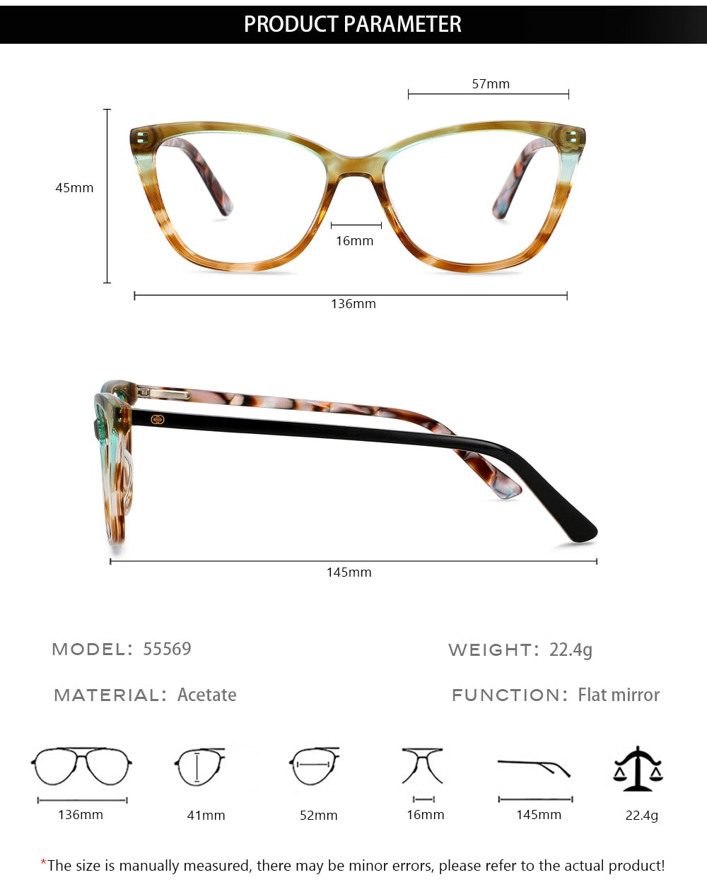 CCspace Unisex Full Rim Square Cat Eye Acetate Eyeglasses 55569 Full Rim CCspace