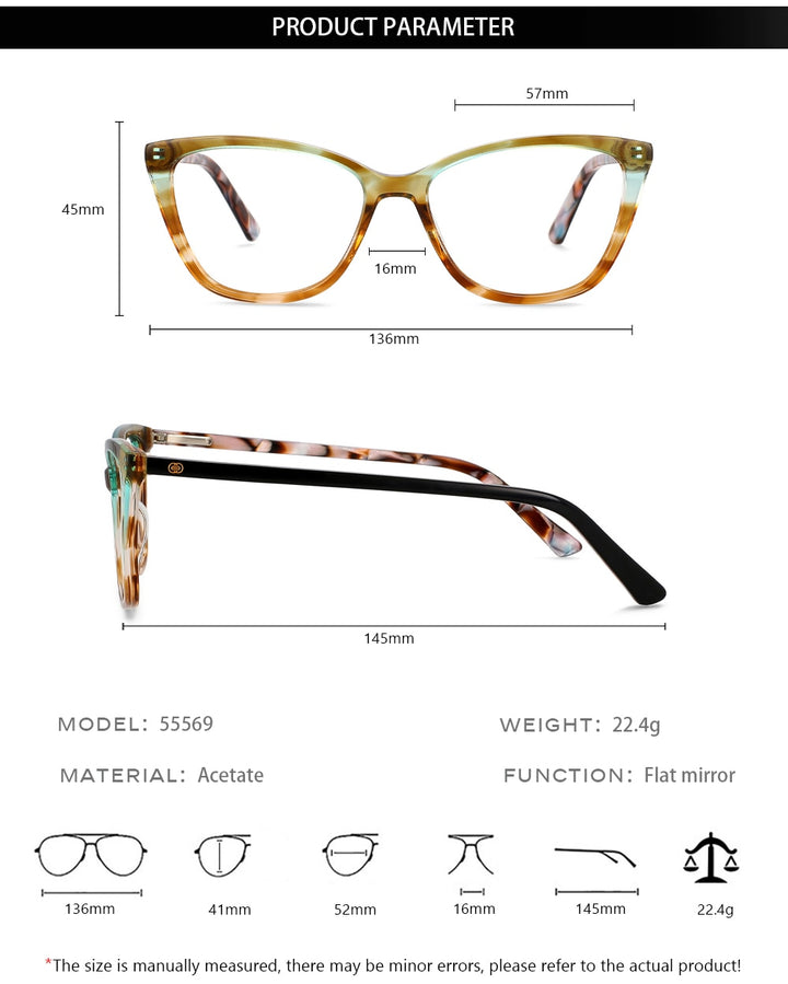 CCspace Unisex Full Rim Square Cat Eye Acetate Eyeglasses 55569 Full Rim CCspace