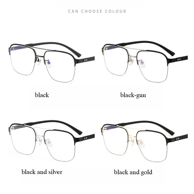 Hotochki Men's Semi Rim Square Double Bridge Titanium Eyeglasses Semi Rim Hotochki