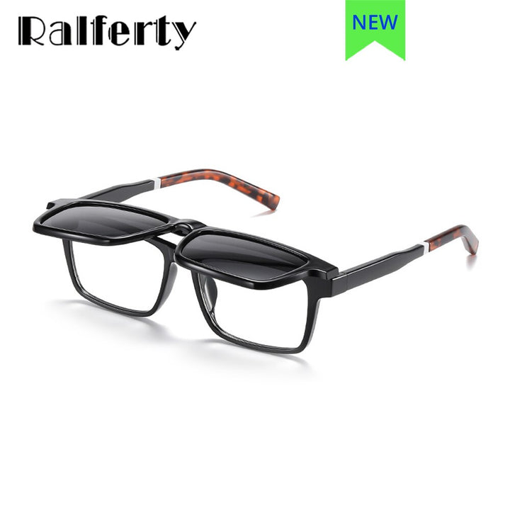 Ralferty Men's Full Rim Rectangle Tr 90 Acetate Eyeglasses With Clip On Polarized Sunglasses D7703 With Clip Ons Ralferty