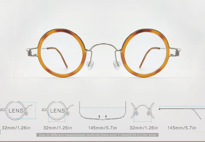 Yujo Unisex Full Rim Round Acetate Stainless Steel 32mm Eyeglasses Y060 Full Rim Yujo