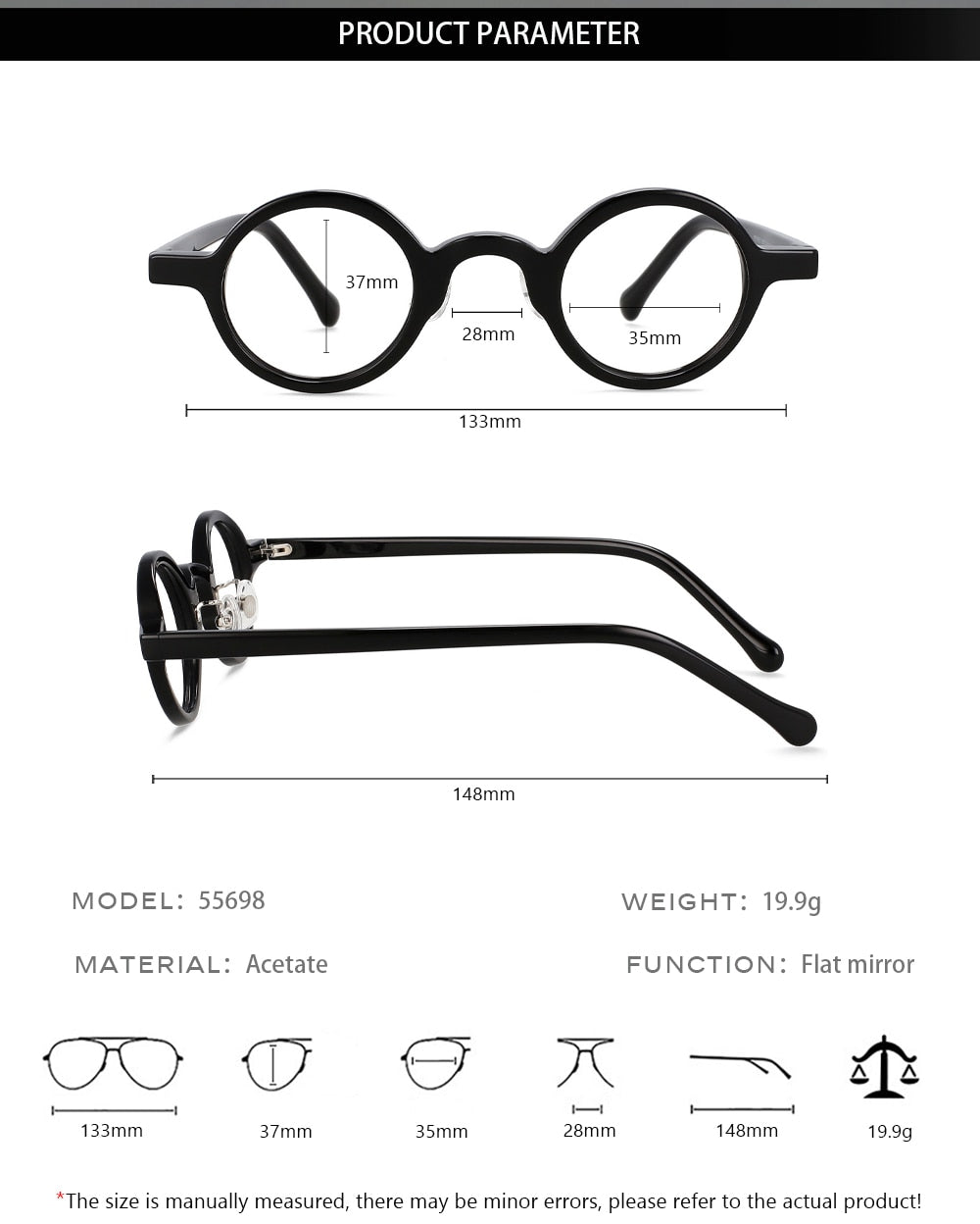 CCspace Unisex Full Rim Round Handcrafted Acetate Eyeglasses 55698 Full Rim CCspace
