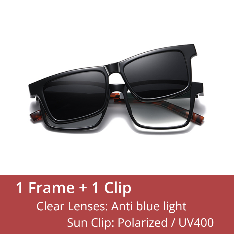 Ralferty Men's Full Rim Rectangle Tr 90 Acetate Eyeglasses With Clip On Polarized Sunglasses D7703 With Clip Ons Ralferty C01 Black China As picture