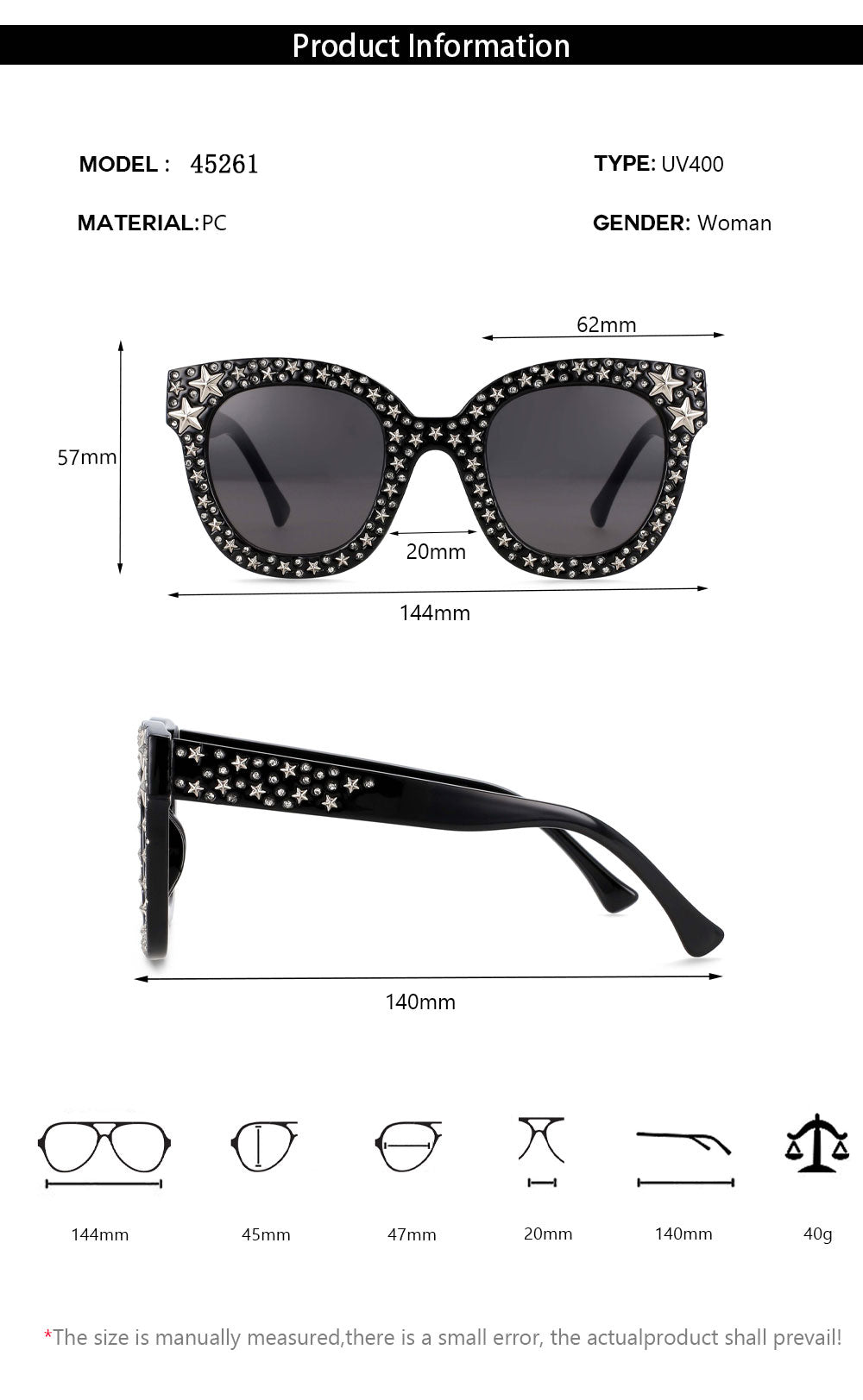 CCspace Women's Full Rim Cat Eye Square Acetate Frame Sunglasses 45261 Sunglasses CCspace Sunglasses