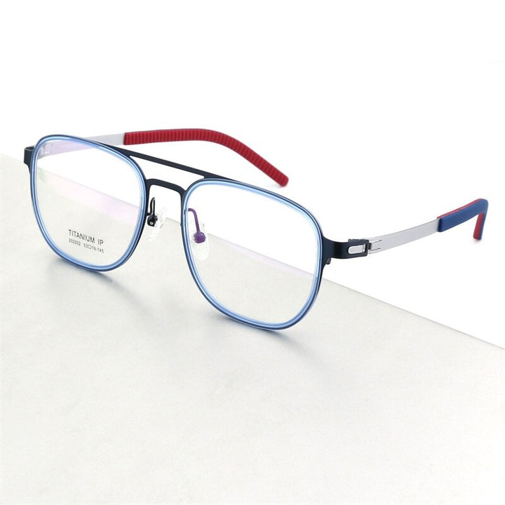 Hdcrafter Unisex Full Rim Square Double Bridge Titanium Eyeglasses 2202 Full Rim Hdcrafter Eyeglasses Blue Red  