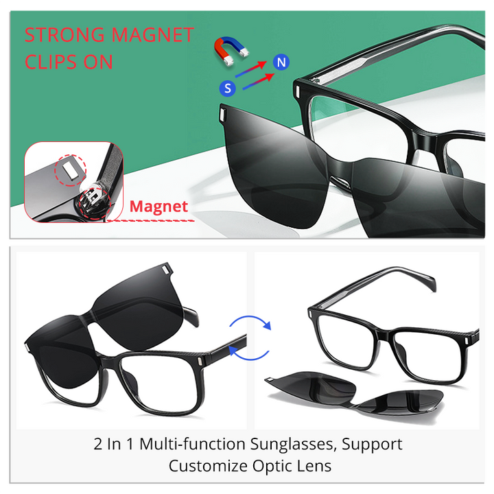 Ralferty Men's Full Rim Square Tr 90 Acetate Eyeglasses With Clip On Polarized Sunglasses D7201 With Clip Ons Ralferty