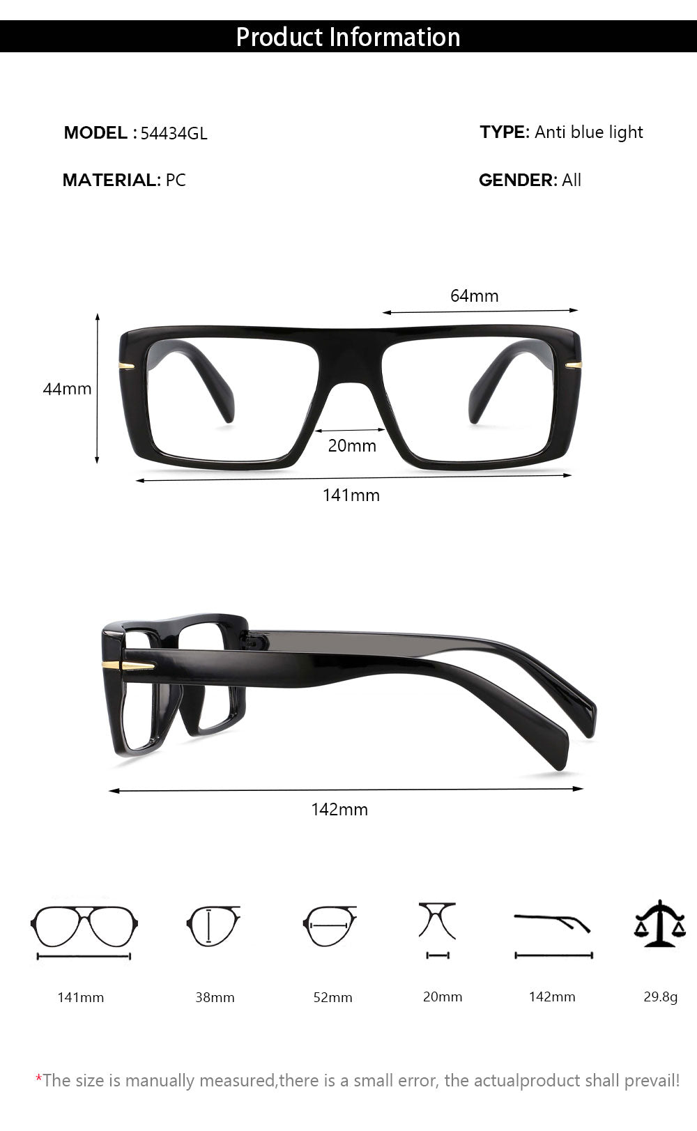 CCspace Unisex Full Rim Oversized Rectangle Resin Frame Eyeglasses 54434 Full Rim CCspace