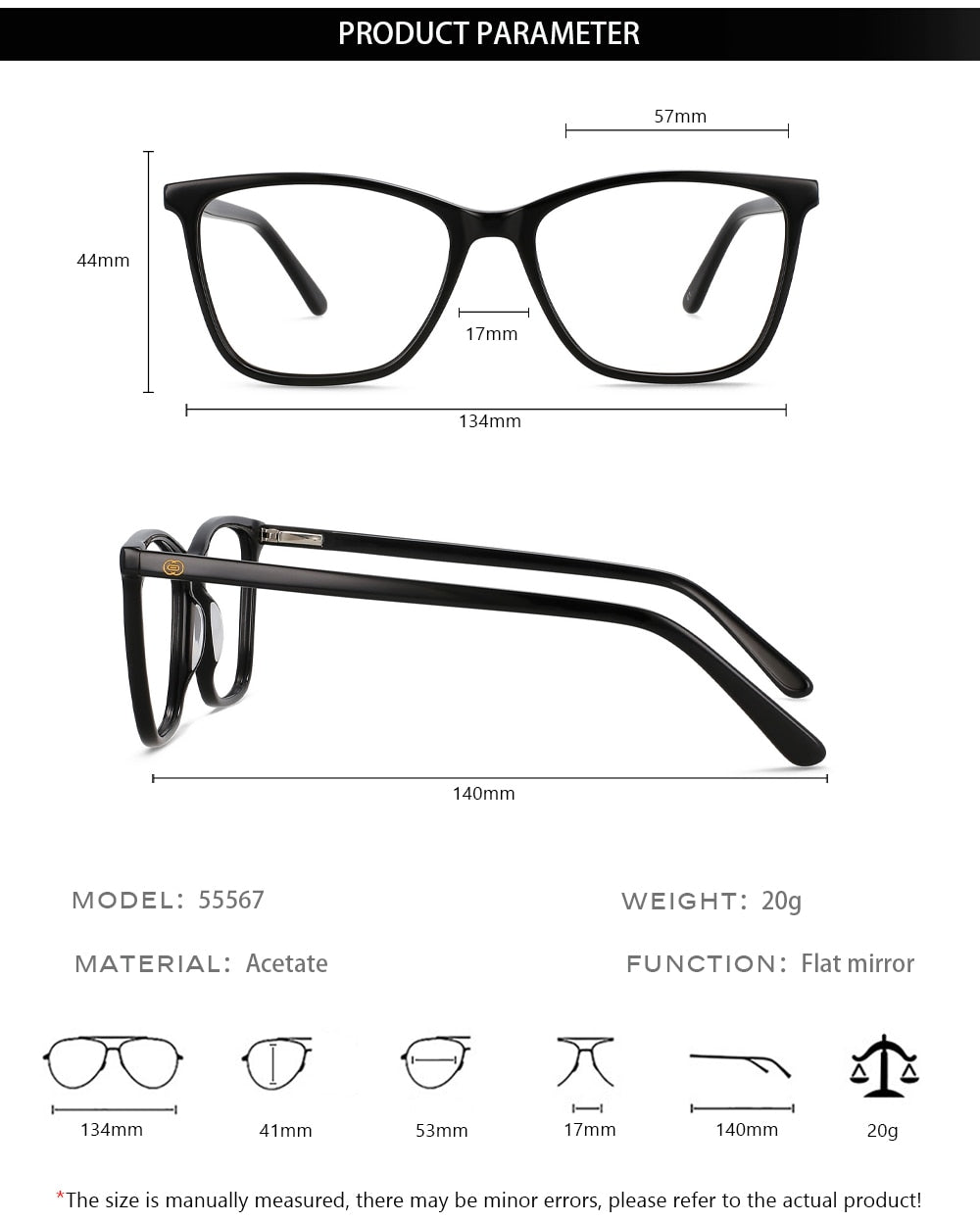 CCspace Unisex Full Rim Square Cat Eye Acetate Eyeglasses 55567 Full Rim CCspace