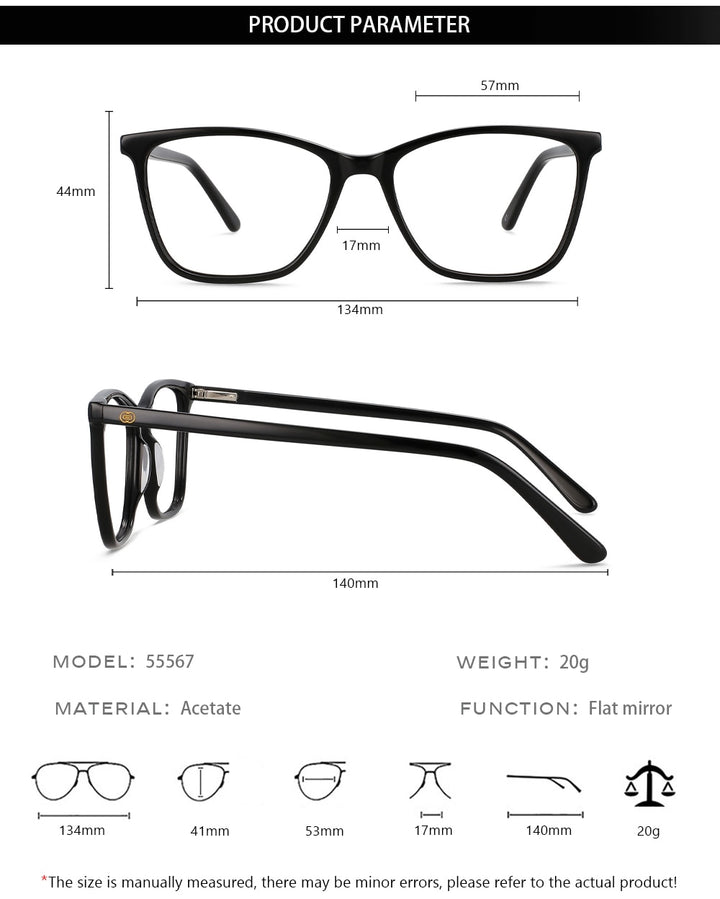 CCspace Unisex Full Rim Square Cat Eye Acetate Eyeglasses 55567 Full Rim CCspace