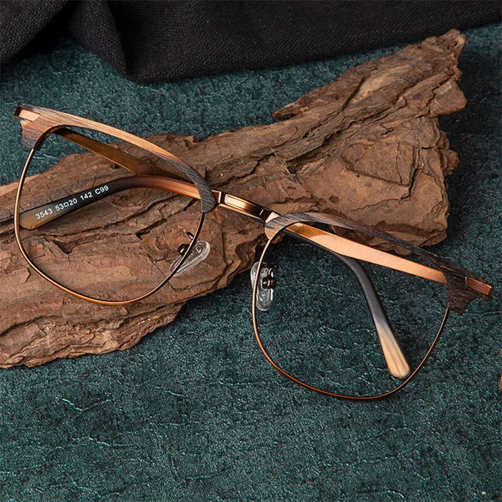 Hdcrafter Unisex Full Rim Oversized Round Square Wood Alloy Eyeglasses 3543 Full Rim Hdcrafter Eyeglasses Grey Coffee-C99