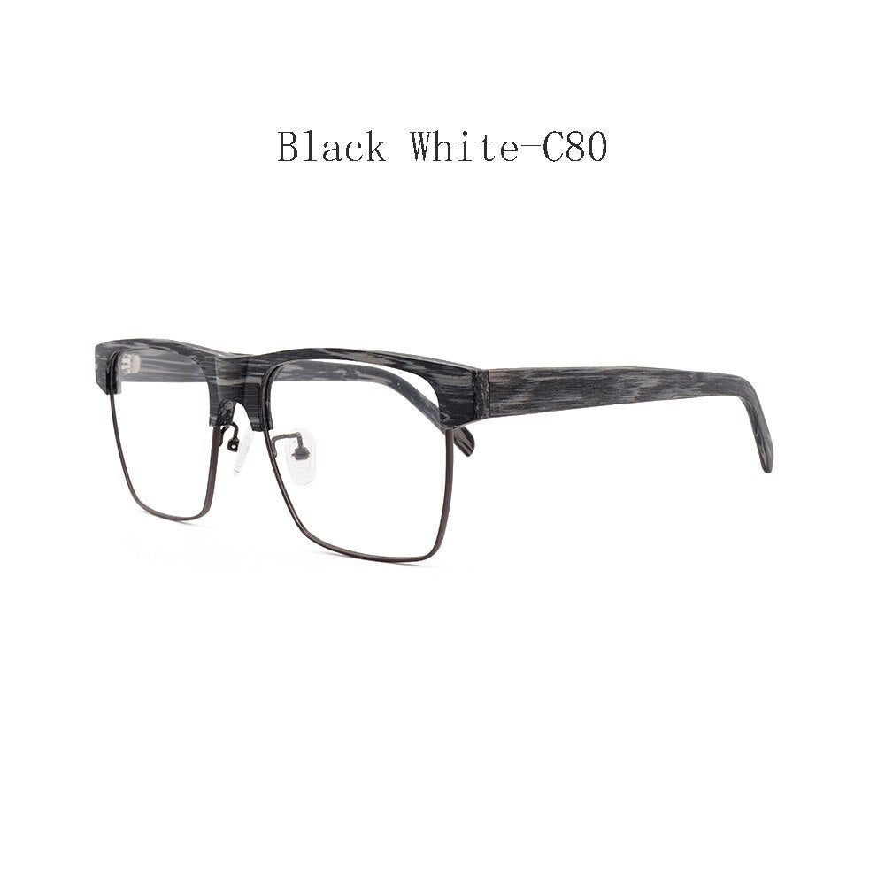 Hdcrafter Men's Full Rim Large Square Wood Eyeglasses 6252 Full Rim Hdcrafter Eyeglasses Black White-C80