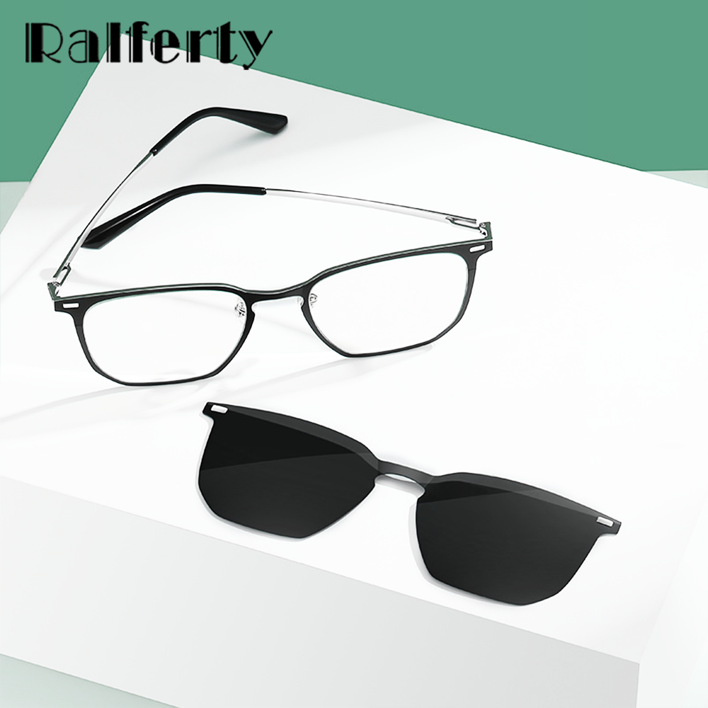 Ralferty Unisex Full Rim Square Alloy Acetate Eyeglasses With Clip On Polarized Sunglasses D8201 With Clip Ons Ralferty