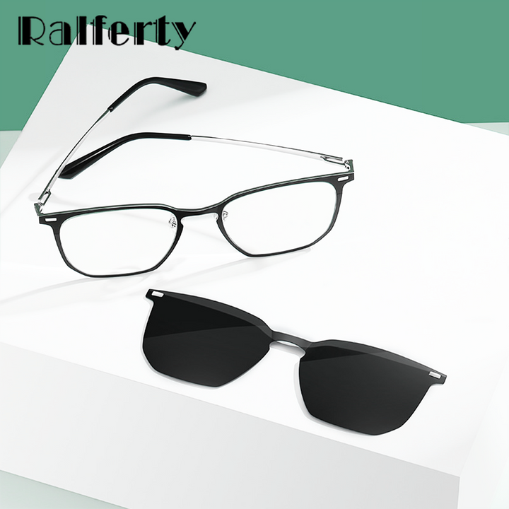 Ralferty Unisex Full Rim Square Alloy Acetate Eyeglasses With Clip On Polarized Sunglasses D8201 With Clip Ons Ralferty