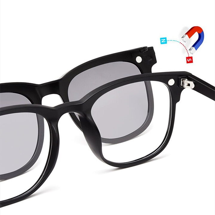 Yimaruili Unisex Full Rim Square Tr 90 Eyeglasses Clip On Polarized Sunglasses 5502R With Clip Ons Yimaruili Eyeglasses
