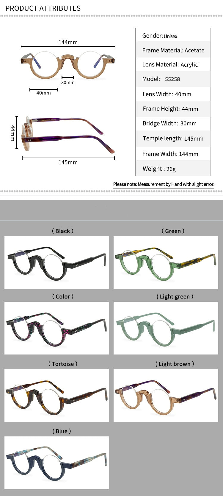 CCspace Unisex Semi Rim Round Acetate Eyeglasses 55258 Semi Rim CCspace