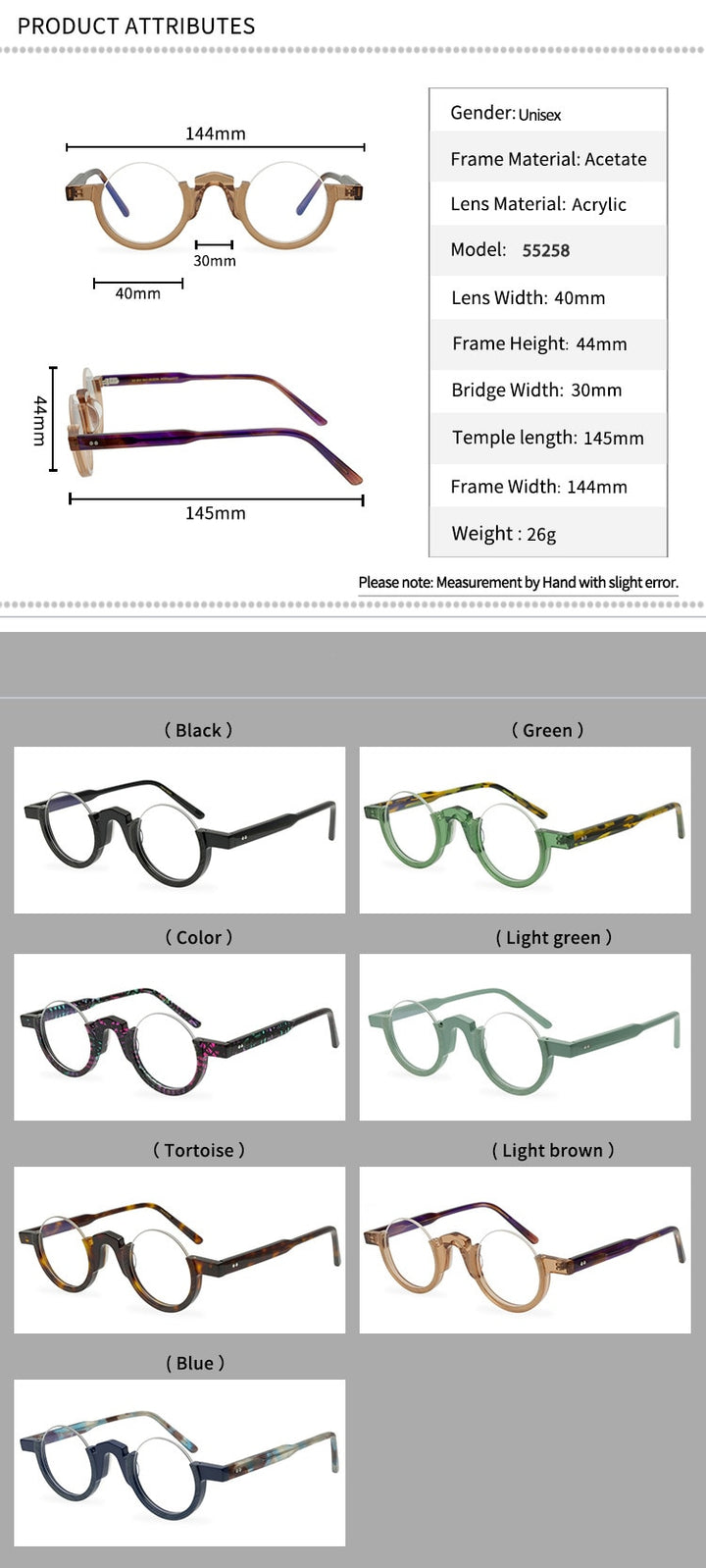 CCspace Unisex Semi Rim Round Acetate Eyeglasses 55258 Semi Rim CCspace