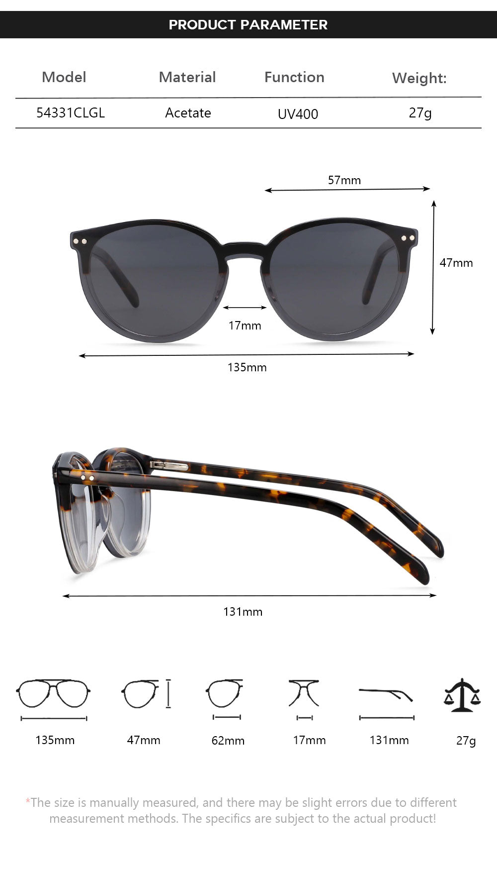 CCspace Unisex Full Rim Round Cat Eye Acetate Frame Eyeglasses Clip On Sunglasses 54331 With Clip Ons CCspace