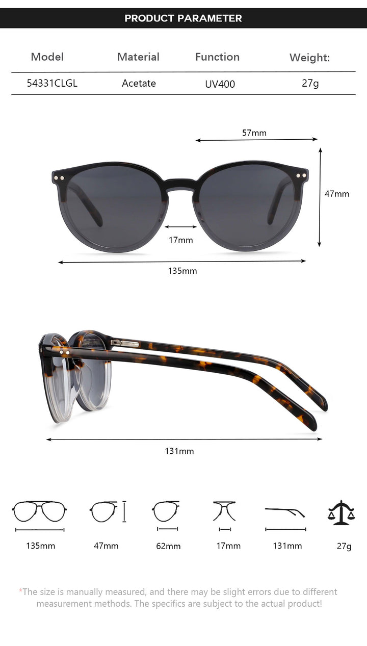 CCspace Unisex Full Rim Round Cat Eye Acetate Frame Eyeglasses Clip On Sunglasses 54331 With Clip Ons CCspace
