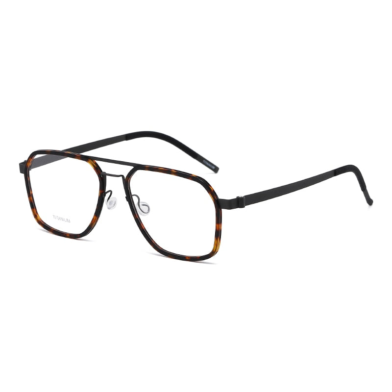Reven Jate Unisex Full Rim Polygon Double Bridge Titanium Acetate Eyeglasses 9753 Full Rim Reven Jate leopard