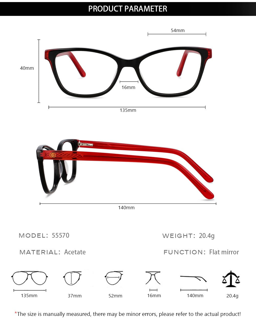 CCspace Unisex Full Rim Square Cat Eye Acetate Eyeglasses 55570 Full Rim CCspace
