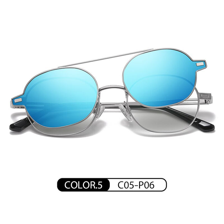 Zirosat Unisex Full Rim Round Alloy Eyeglasses Clip On Sunglasses CG8802 With Clip Ons Zirosat blue