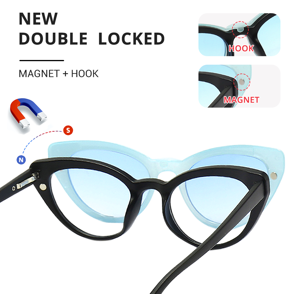 Ralferty Women's Full Rim Square Cat EyeTr 90 Acetate Eyeglasses With Clip On Sunglasses TR2345 With Clip Ons Ralferty
