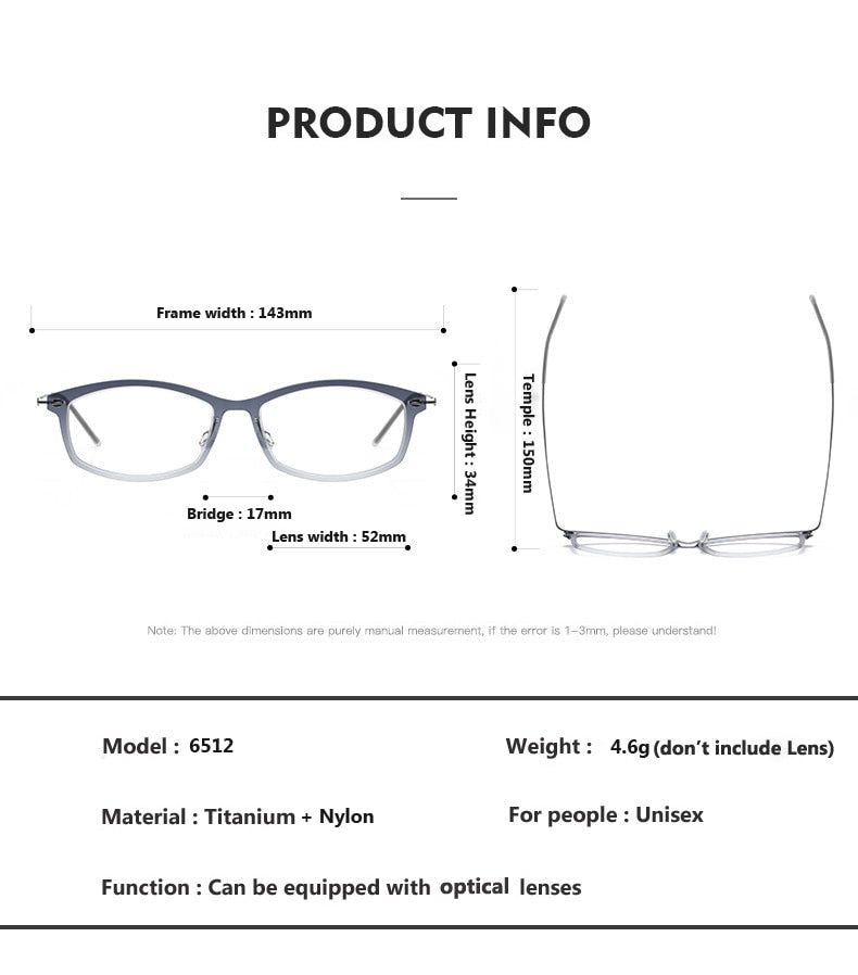Oveliness Unisex Full Rim Square Screwless Acetate Titanium Eyeglasses 6512 Full Rim Oveliness