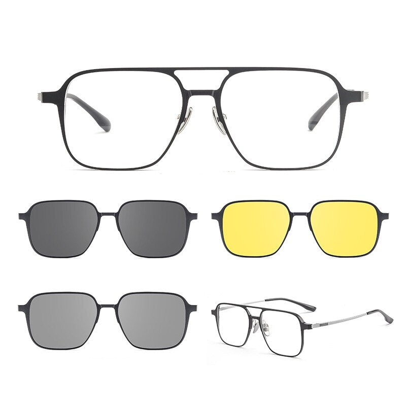 Yimaruili Unisex Full Rim Square  Aluminum Magnesium Titanium Eyeglasses Clip On Sunglasses 9908 With Clip Ons Yimaruili Eyeglasses Black Silver