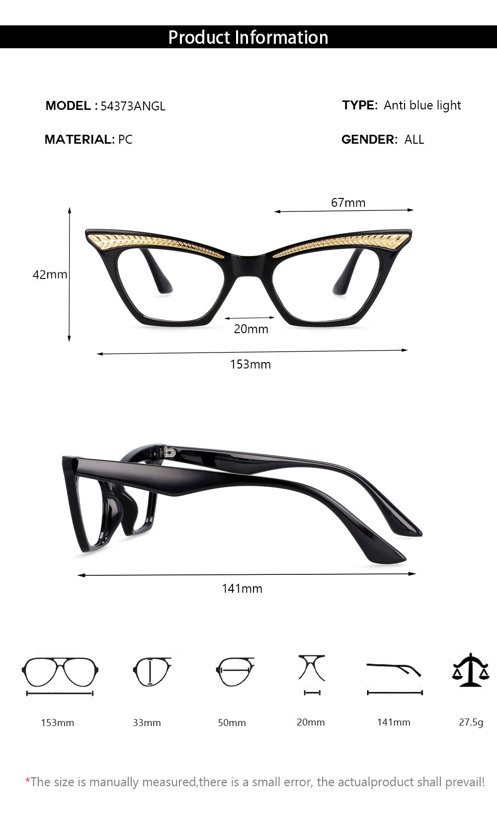 CCspace Unisex Full Rim Square Cat Eye Resin Frame Eyeglasses 54373 Full Rim CCspace