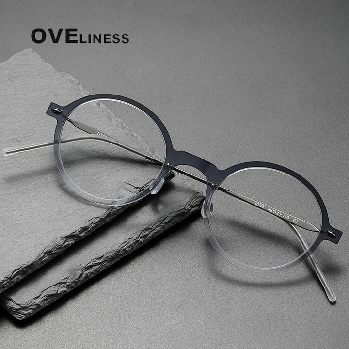 Oveliness Unisex Full Rim Round Screwless Acetate Titanium Eyeglasses 6508 Full Rim Oveliness