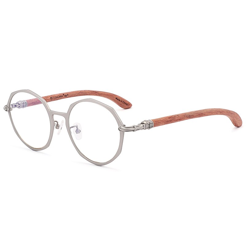 Hdcrafter Unisex Full Rim Polygon Titanium Frame Wood Temple Eyeglasses Full Rim Hdcrafter Eyeglasses Silver