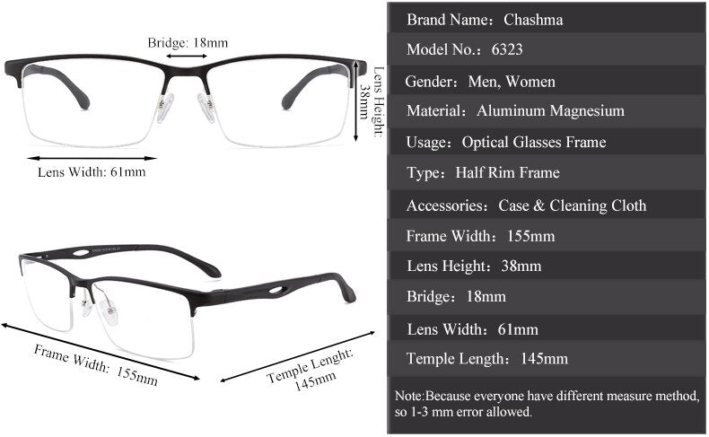 Chashma Ochki Unisex Large Semi Rim Square Aluminum Magnesium Sport Eyeglasses 6323 Semi Rim Chashma Ochki