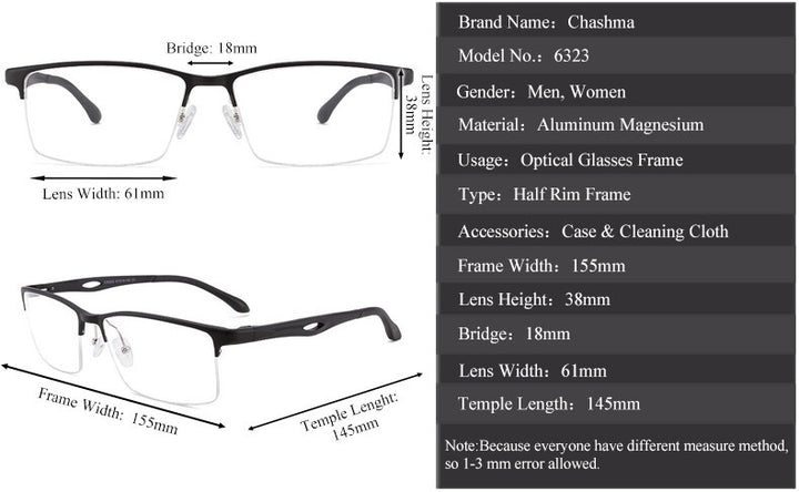 Chashma Ochki Unisex Large Semi Rim Square Aluminum Magnesium Sport Eyeglasses 6323 Semi Rim Chashma Ochki