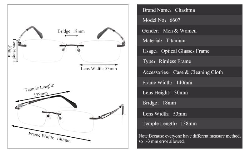 Chashma Ochki Unisex Rimless Square Titanium Eyeglasses 6607 Rimless Chashma Ochki