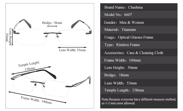 Chashma Ochki Unisex Rimless Square Titanium Eyeglasses 6607 Rimless Chashma Ochki