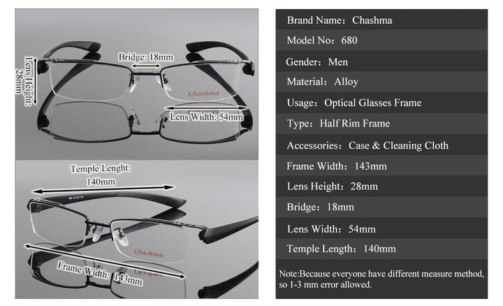 Chashma Ochki Men's Semi Rim Rectangle Alloy Eyeglasses Clip On Polarized Sunglasses 680 With Clip Ons Chashma Ochki