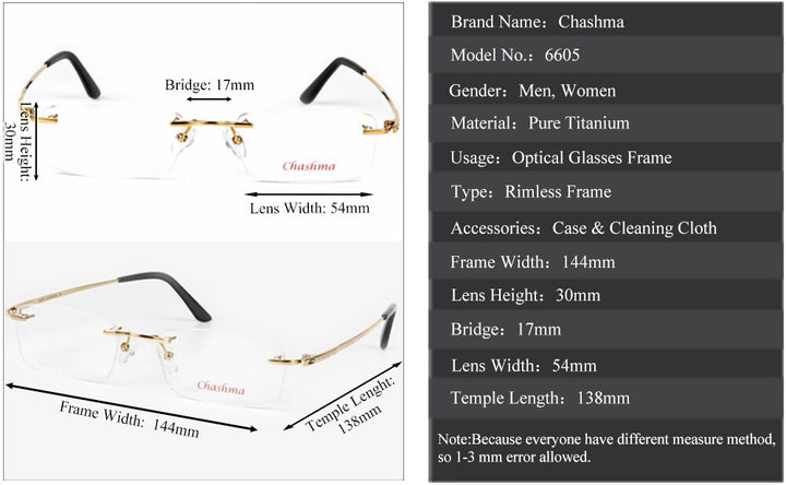 Chashma Ochki Unisex Rimless Rectangle Titanium Eyeglasses 6605 Rimless Chashma Ochki